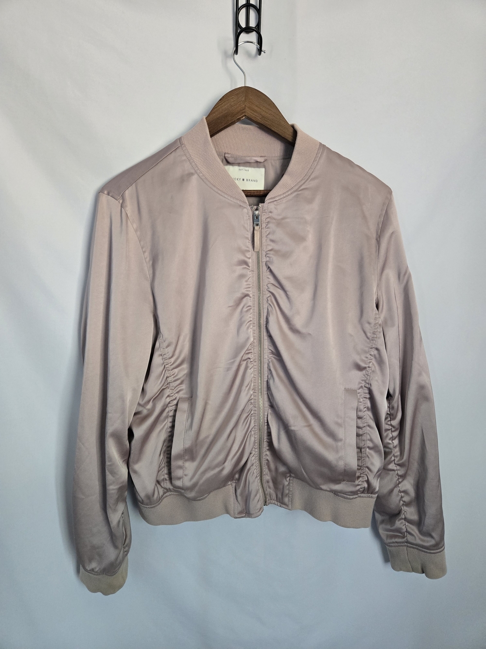 Lucky Brand Pale Pink Satin Bomber Jacket – Women’s L